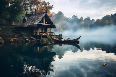 Serene Charm: A Traditional Fisherman House by the Beautiful Lake - AR 3:2の素材