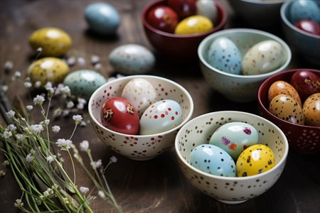 Easter Delights: Vibrant Ceramic Bowls Brimming with Quail and Chicken Eggs, A Top View Feast!の素材