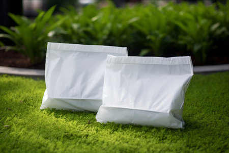 Embracing a Greener Future: Eco-Friendly White Non-Woven Bags Resting on Lush Green Grassの素材