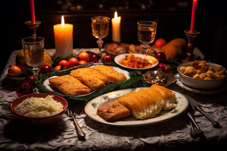 The Festive Feast: Polish Christmas Dinner Delights with Baked Fish Fillets, Carrot Salad, Dumplings, and Croquettesの素材