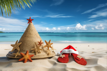 A Magical Tropical Christmas: Sand, Flip Flops, Starfish, and Santa Hat Make Happy Holidays at the Beach!の素材