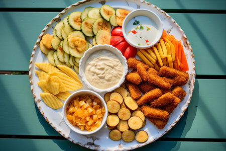 Culinary Delights for a Spectacular Gender Reveal Celebration: Exquisite White Ceramic Tray showcasing a Vibrant Fusion of Fried Vegetables, Jamaican Dumplings, Ackee and Saltfish, Fried Potatoes, and Pickle Slices!の素材
