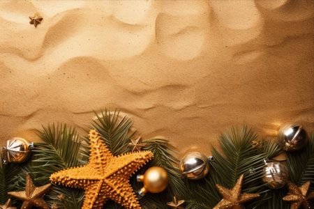 Tropical Christmas Delight: Sparkling Sea Star and Lush Fur Tree Adorn a Glittering Gold Background in a Festive Tropic New Year's Greeting Card!の素材