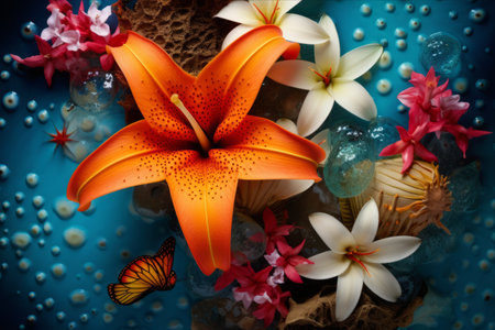Vibrant Tropical Flowers and Playful Starfish Await Your Dream Vacationの素材