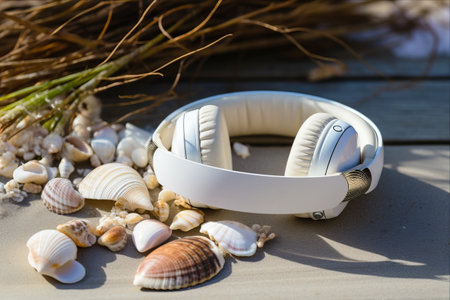 Serenity Echoed in a Blend of Ocean Treasures: White Headphones Amidst Sea Shells and Stones on a Rustic Wooden Canvas -- AR 3:2の素材