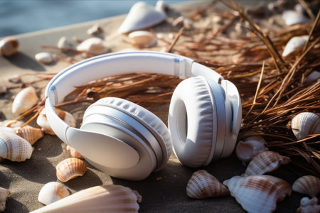 Melodies of Tranquility: White Headphones Amidst Serene Sea Shells and Stones on a Rustic Wooden Surfaceの素材