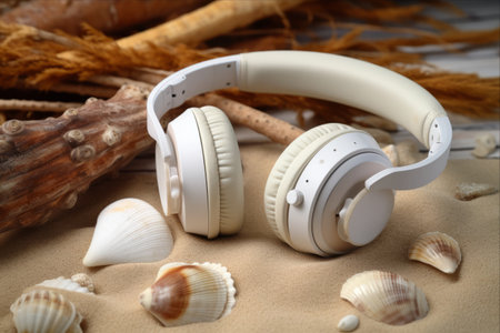 Melodic Harmony: White Headphones Nestled Amongst Serene Sea Shells and Stones on a Rustic Wooden Surface -- AR 3:2の素材