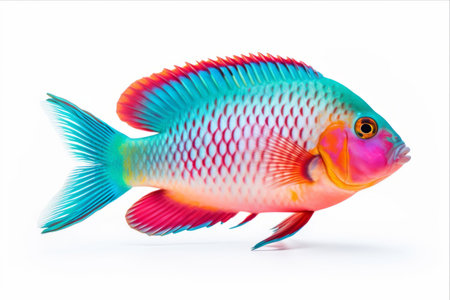 Exquisite Tropical Coral Fish: The Stunning Parrot Fish (Scarus frenatus) Captured in a White Background - AR 3:2の素材