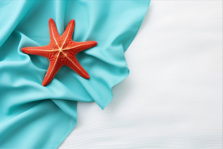 Seaside Serenity: Vibrant Turquoise Folded Pareo Adorned with a Playful Red Starfish - Captivating Creative Design Templateの素材