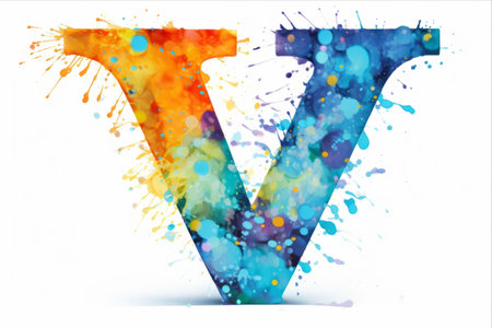 Vibrant Oil Paint: Captivating Letter V formed with Colorful Drops and Spills, Exclusively on White Background [AR 3:2]の素材