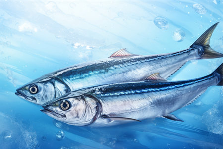 Catch of the Day: Fresh Mackerel Fish (Scomber scrombrus) Glazed on Ice - A Captivating Seafood Backgroundの素材