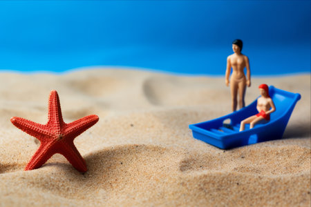 Whimsical Scene: Tiny Men in Swimsuits Enjoying Beach Blissの素材