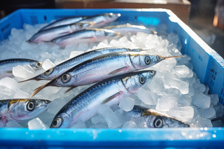 Captivating Display: Fresh Mackerel on Ice, A Sight to Savor at the Fish Market AR 3:2の素材