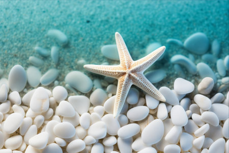 A Serene Encounter: White Starfish Embracing a Turquoise Sea Glass Collection against a Tranquil Beach & Ocean Shore Backdropの素材