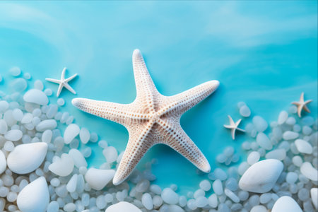Glistening White Starfish Adorn Turquoise Sea Glass Collection on Tranquil Beach Shore - A Captivating 3:2 AR Beautyの素材