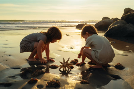 Beach Adventures: Two Kids Searching for Starfishの素材