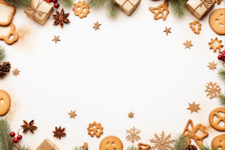 Christmas Delight: A Festive Composition of Gift Boxes, Spruce Branches, Bagels, and Cinnamonの素材