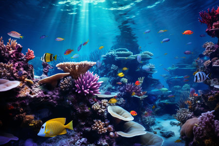 Exploring the Vibrant Undersea Life: A Captivating Underwater View of Coral Reef and Colorful School of Fishの素材