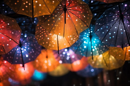 Floating Kaleidoscope: Mesmerizing Colored Umbrella Lights on a Festive Twilight Canvasの素材