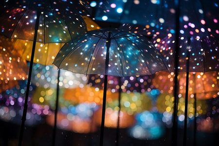 Magical Christmas Illumination: Vibrant Colored Umbrellas and Flashing Fairy Lightsの素材