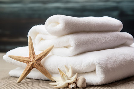 Unwind and Immerse: Serenity in the White Towels Adorned with Starfish and Spa Stonesの素材