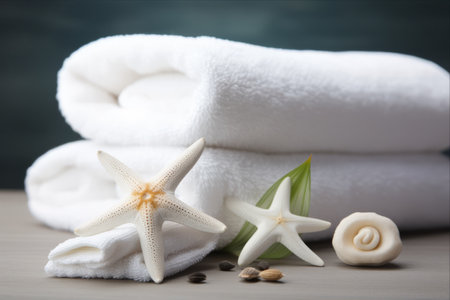 Seaside Serenity: Luxuriously Soft White Towels Adorned with Starfish and Tranquil Spa Stonesの素材