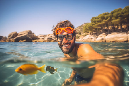 Exploring the Underwater Wonderland: An Unfocused Man Snorkeling in Catalonia's Scenic Beaches of Spainの素材