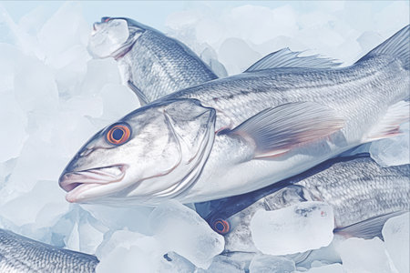 Immersed in Ocean's Bounty: An Alluring Display of Fresh Raw Cod Fish on Ice - A Captivating Seafood Background Unveiled through Generative AIの素材