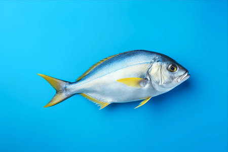 Promoting Healthy Eating: Fresh Raw Dorado Fish on an Isolated Blue Background â Ideal for Supermarkets and Grocery Storesの素材