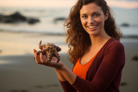 The Fascinating Encounter: A Woman Holds the Magnificent Horned Sea Star on Calachuchi Beachの素材