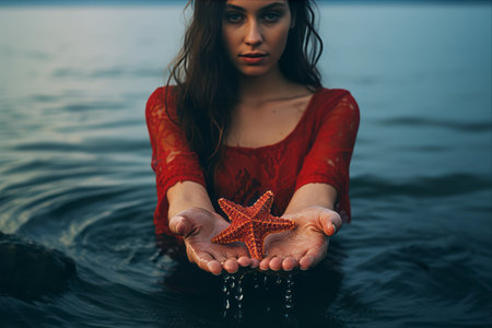 Captivating Moment: A Woman Embracing a Starfish in the Depth of the Sea - AR 3:2の素材