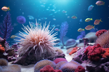Glimpsing into the Vibrant Underwater World: A Stunning Coral Reef Background and Striking Sea Urchinsの素材