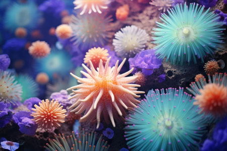 The Enchanting Underwater World: A Vibrant Coral Reef Background with Majestic Sea Urchins - AR 3:2の素材