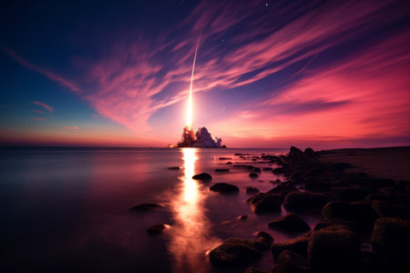 Exploring the Cosmos: Capturing the Long Exposure Night Time Rocket Launch against a Breathtaking Sunset on Planet Earth - Enhanced by NASAの素材