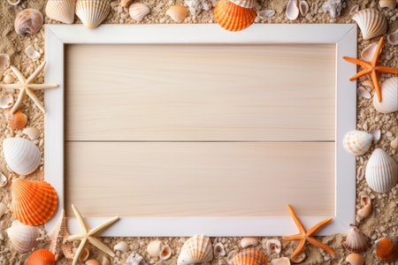 Coastal Charm: A Seashell and Citrus Medley within a Wooden Beach Frameの素材