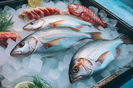 Fresh Raw Fish on Display: Tempting Offer in Supermarket (AR 3:2)の素材