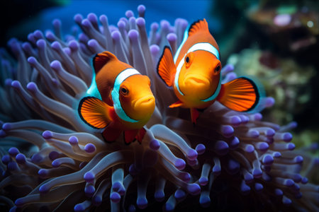 The Enchanting Friendship: A Pair of Clown Fish Peeking from a Blue Anemoneの素材