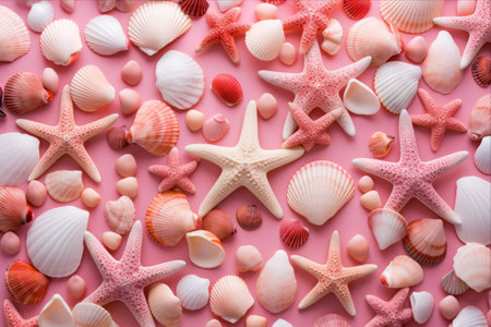 Seashells and Starfish: A Vibrant Display on a Pink Canvasの素材