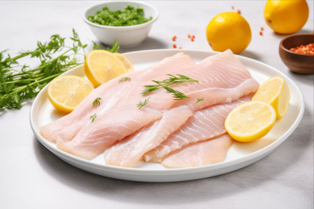 Aromatic Herb and Citrus Infused Pangasius Fish Fillet with Tilapia and Striped Catfish: A Delicious Seafood Delight on a White Plateの素材
