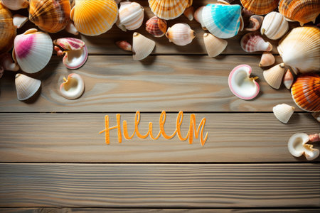 Sandy Delights: Embracing the Sun with Seashells, Lifebuoy, and Flip Flops on a Rustic Brown Wooden TableâAR 3:2の素材