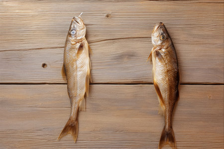 Dried Fish Duo: A Rustic Delicacy Awash on a Light Brown Wooden Canvasの素材