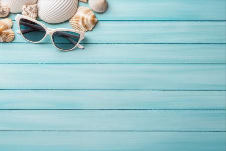 Seaside Serenity: A Top-View Escape with Beach Accessories and Vibrant Blue Woodの素材