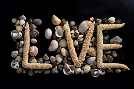 Nature's Love: A Serene Composition of Sea Stones, Seashells, and Starfish on a Granite Canvasの素材