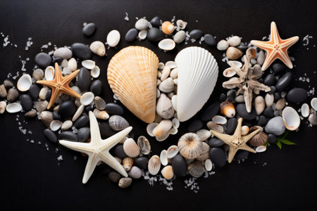 Seaside Serenity: A Beautiful Word LOVE Crafted from Sea Stones, Seashells, and Starfish on a Black Granite Canvas with White Speckles --ar 3:2の素材