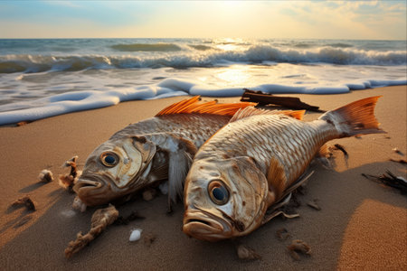 The Tragic Death of Two Fish: Forsaken on the Shore Amidst a Swarm of Fliesの素材