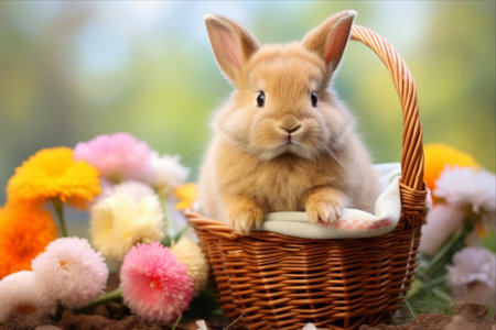 Easter Delight: Adorable Bunny with Basket of Colorful Eggs in Natureの素材