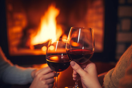 Fireside Bliss: A Closeup Capture of a Charming Wine-Loving Couple at Home (3:2 Aspect Ratio)の素材
