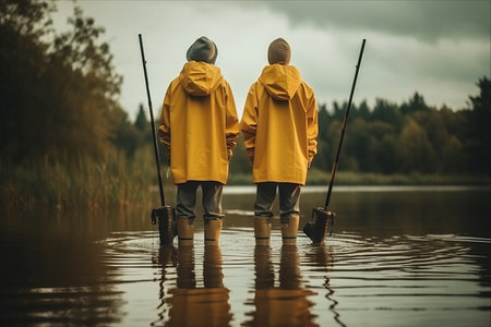 Riverside Escapades: Fishing Enthusiasts in actionの素材