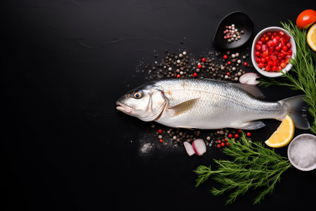 Fresh Catch: Delectable Sea Bass and Ingredients on Black Table - A Top View Scenic Delight! (Space for Text - Aspect Ratio 3:2)の素材