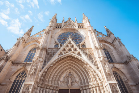 Imposing Facade: Capturing the Majestic Low Angle of Barcelona's Ancient Historic Cathedral of Holy Cross and Saint Eulalius Against a Cloudless Sky - AR 3:2の素材
